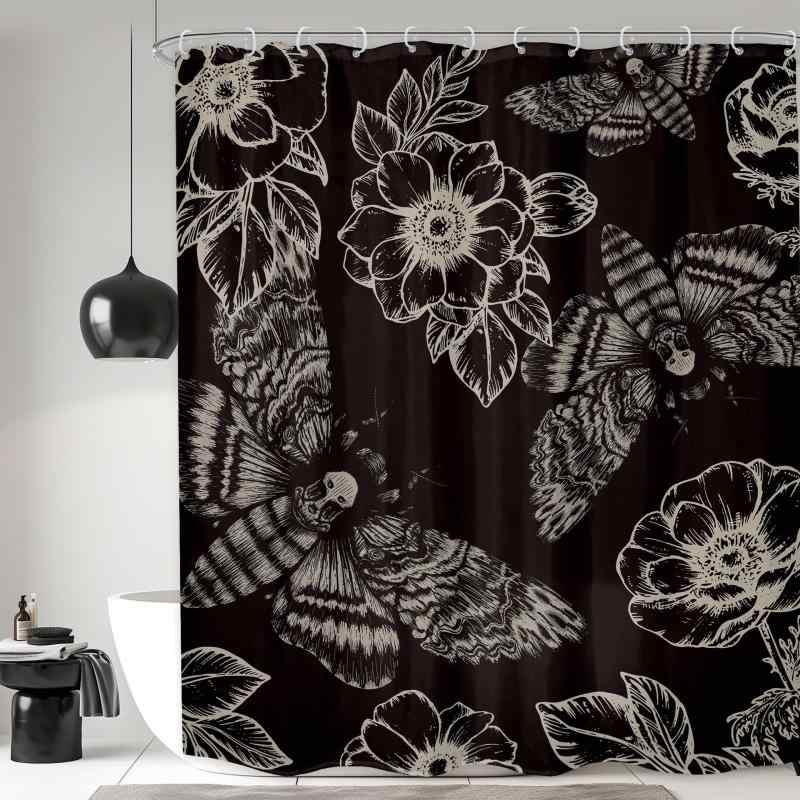 シャワーカーテン ゴシック調 ハロウィン スカル 骸骨 蛾 蝶 魔術 オカルト ホラー 恐怖 ブラックフラワー 神秘的 防水 撥水 ポリエステル製 バス用品
