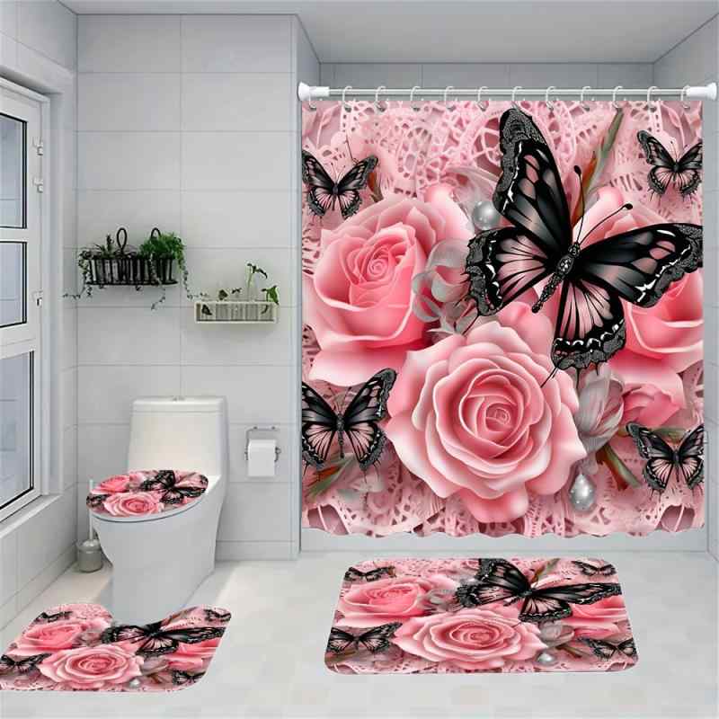 バスルームセット ローズ バタフライ 花柄 シャワーカーテン バスマット トイレマット 4点セット 防水 防カビ 撥水 プリント ポリエステル 浴室 洗面所