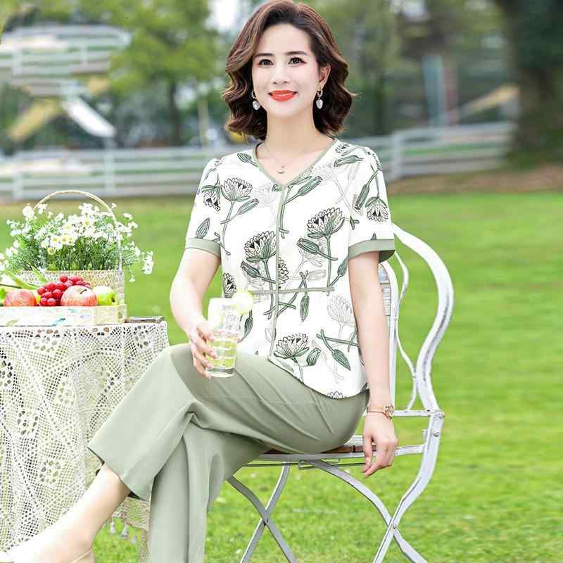 セットアップ レディース ミセス 婦人服 春夏 半袖 シフォン 上品 おしゃれ 若見え ゆったり 体型カバー ツーピース 九分丈パンツ お出かけ 普段使い