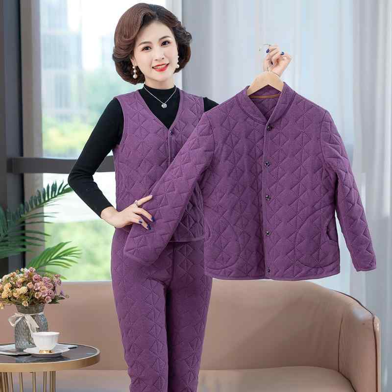 セットアップ レディース シニア ミセス 祖母 お母さん 秋冬 防寒 保温 厚手 中綿ジャケット 中綿パンツ ベスト 3点セット 徳絨 シルクコットン ポリエステル ポケット付き カジュアル リラックス 普段使い 部屋着 お出かけ 無地