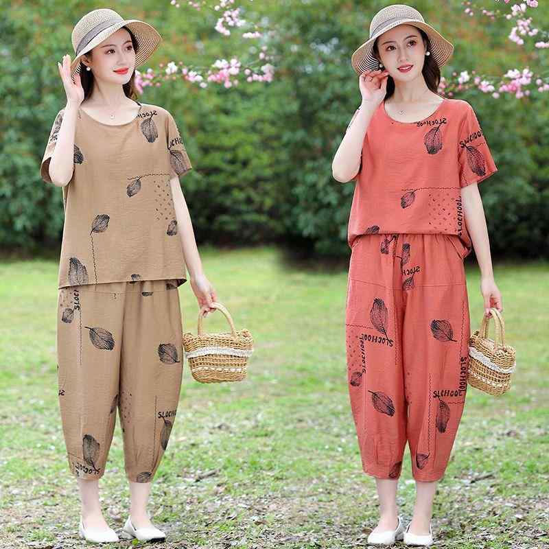 セットアップ レディース ミセス シニア 綿麻 夏 半袖 トップス ゆったり 体型カバー エイジレス 大人カジュアル 七分丈パンツ ブラック カーキ イエロー グリーン