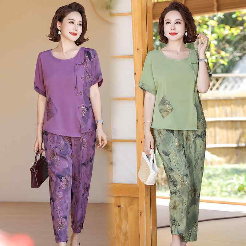 セットアップ レディース ミセス 半袖ブラウス 七分丈パンツ 新チャイナ風 レトロ ゆったり リラックス カジュアル ポリエステル 普段使い 上下セット 春夏