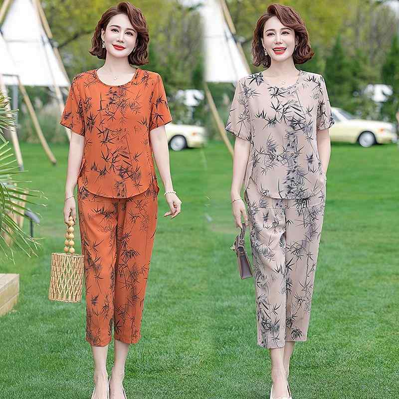 セットアップ ミセス レディース Tシャツ 半袖 七分丈パンツ 上品 きれいめ 無地 カジュアル レトロ ポリエステル素材 春夏
