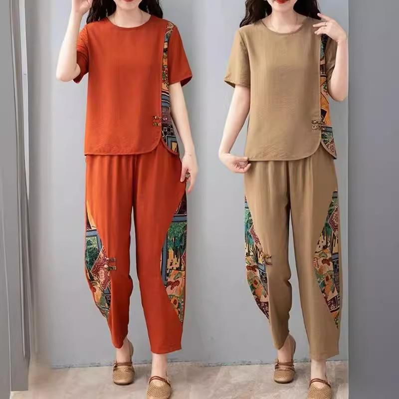 カジュアルセットアップ レディース ミセス 夏 半袖 綿麻 七分丈パンツ モダンチャイニーズ レトロ 飾りボタン プリント柄 切り替えデザイン 普段着 お出かけ リラックス