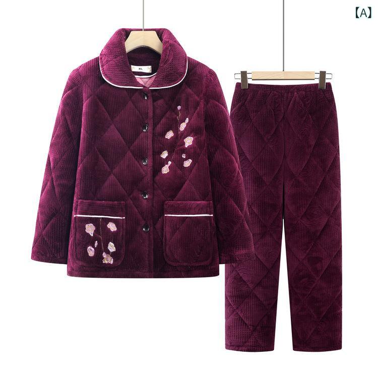 ルームウェア レディース ミセス ママ おばあちゃん 秋冬 三層キルティング サンゴフリース 中綿入り 厚手 保温 前開き ゆったり 上下セット 九分丈パンツ 花柄 パジャマ 部屋着