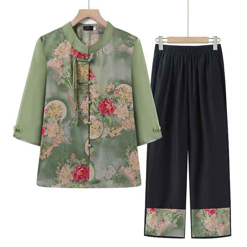 セットアップ レディース シニア ミセス 夏 七分袖 カーディガン 九分丈パンツ ゆったり 薄手 エレガント 上品 モダンチャイニーズ風 カジュアル