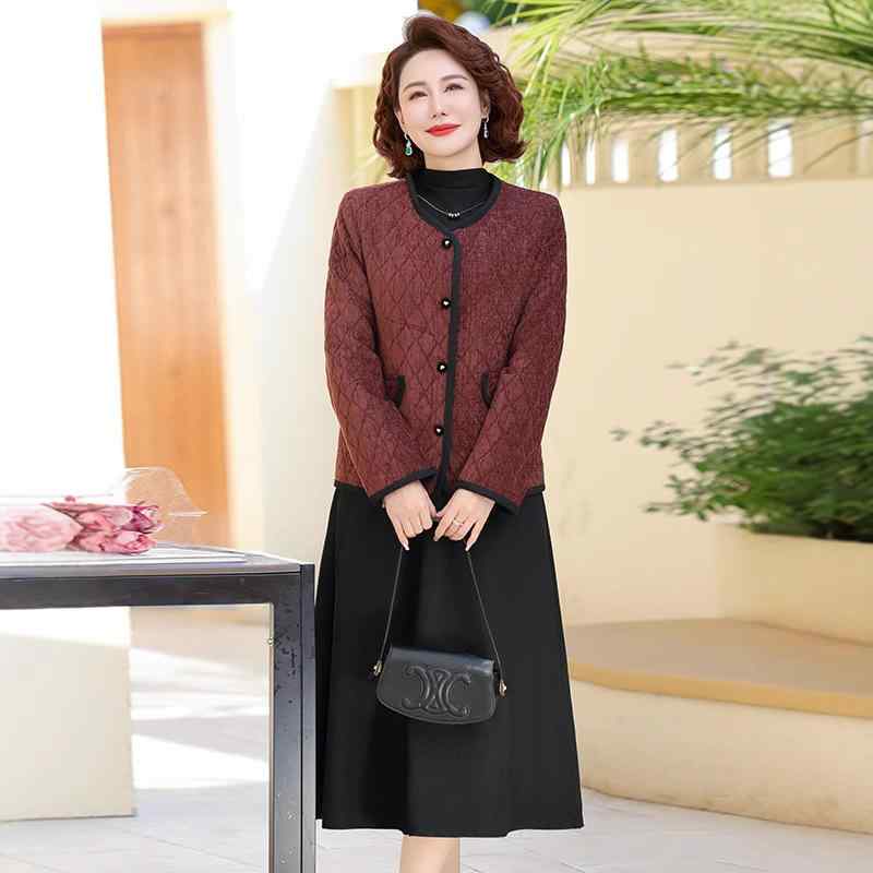 セットアップ レディース ママ 母親 ミセス 春夏 ワンピース ドレス ジャケット 羽織り フォーマル 結婚式 披露宴 セレモニー お呼ばれ エレガント 上品 高級感 菱形柄 ポリエステル ゆったり ルーズフィット レッド グレー