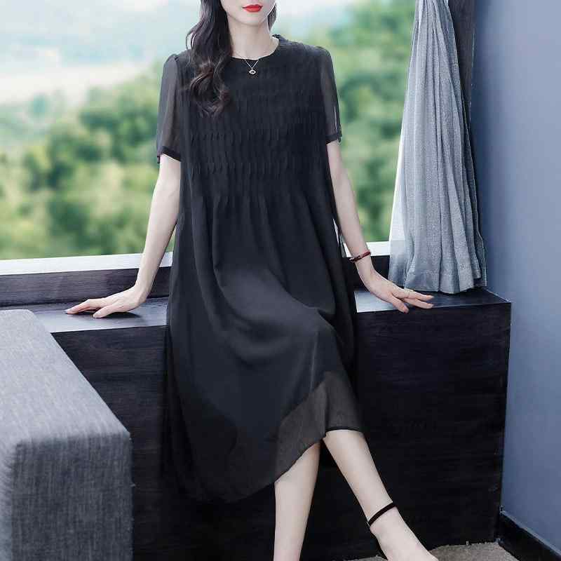 ワンピース レディース ミセス 大きいサイズ 春夏 ドット柄 ピーターパンカラー 半袖 フリル袖 プリーツ ゆったり 薄手 着痩せ 体型カバー シフォン ロング丈 ブラック