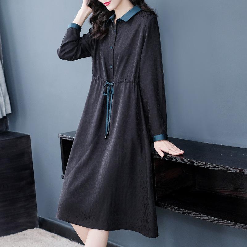 ワンピース レディース ミセス 大きいサイズ ぽっちゃりさん 大人女性 高級感 韓国系 Aライン 花柄 フラワープリント 長袖 ウエストマーク ロングドレス シフォン ポリエステル ブラック 秋冬 普段使い お出かけ デート