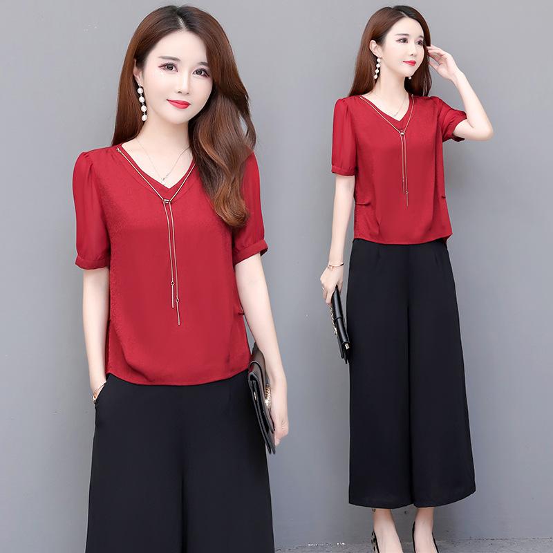 セットアップ レディース 夏 半袖トップス ワイドパンツ 上下セット カジュアル きれいめ 着痩せ 若見え フリル袖 ポリエステル ゆったり 普段使い 通勤