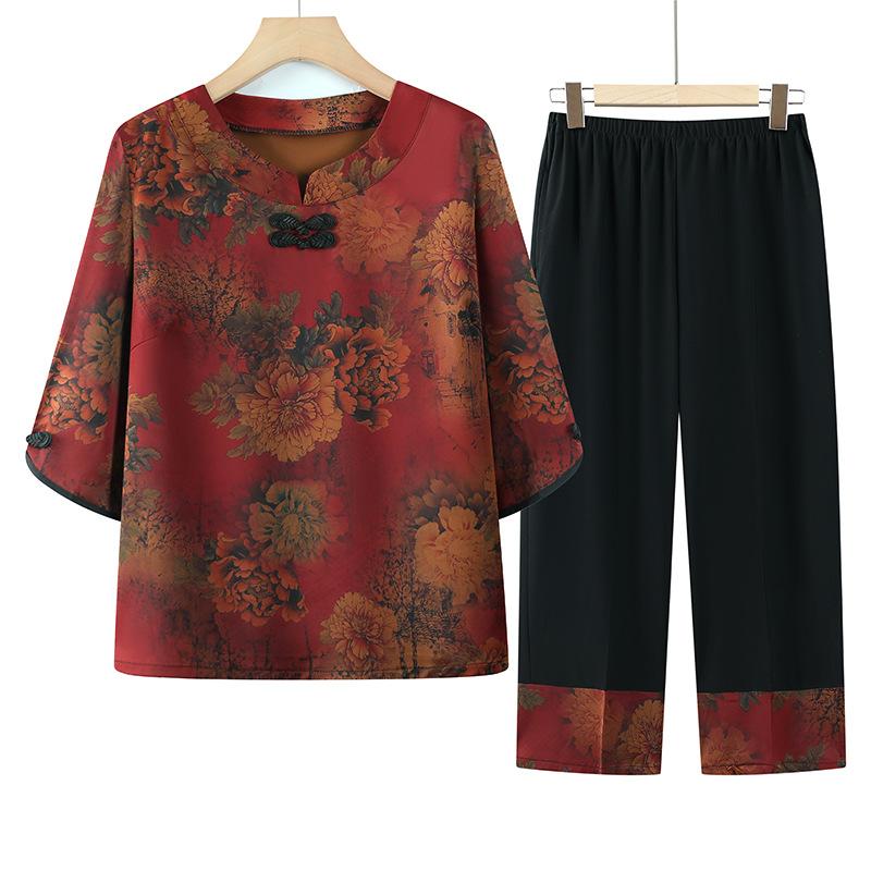 セットアップ レディース ミセス シニア 春夏 七分袖 ブラウス 九分丈パンツ ゆったり 薄手 ポリエステル ファッション カジュアル