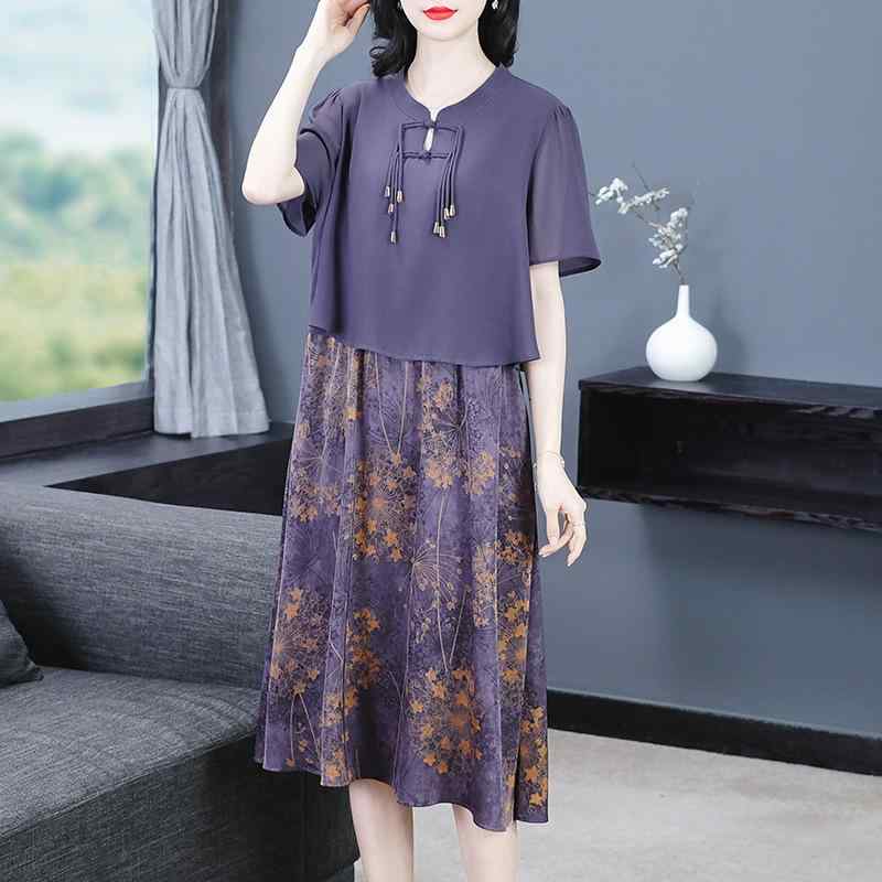 ワンピース レディース 春夏 半袖 フェイクレイヤード プリント 花柄 シフォン 清涼感 落ち感 ゆったり..