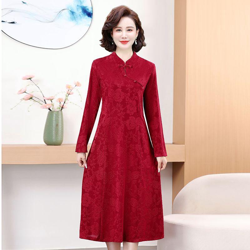 ワンピース レディース 秋冬春 改良 チャイナドレス チャイナワンピース ミディ丈 長袖 Aライン ハイネック 体型カバー 細見え 上品 ポリエステル スパンコール レトロ クラシカル チャイナ風 ワインレッド 黒
