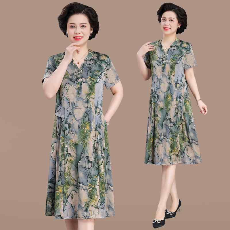 ワンピース ミセス 女性用 半袖 ミディ丈 Aライン Vネック ハイウエスト 上品 エレガント 通勤 プリント ポケット付き ポリエステル パープル グリーン 春夏