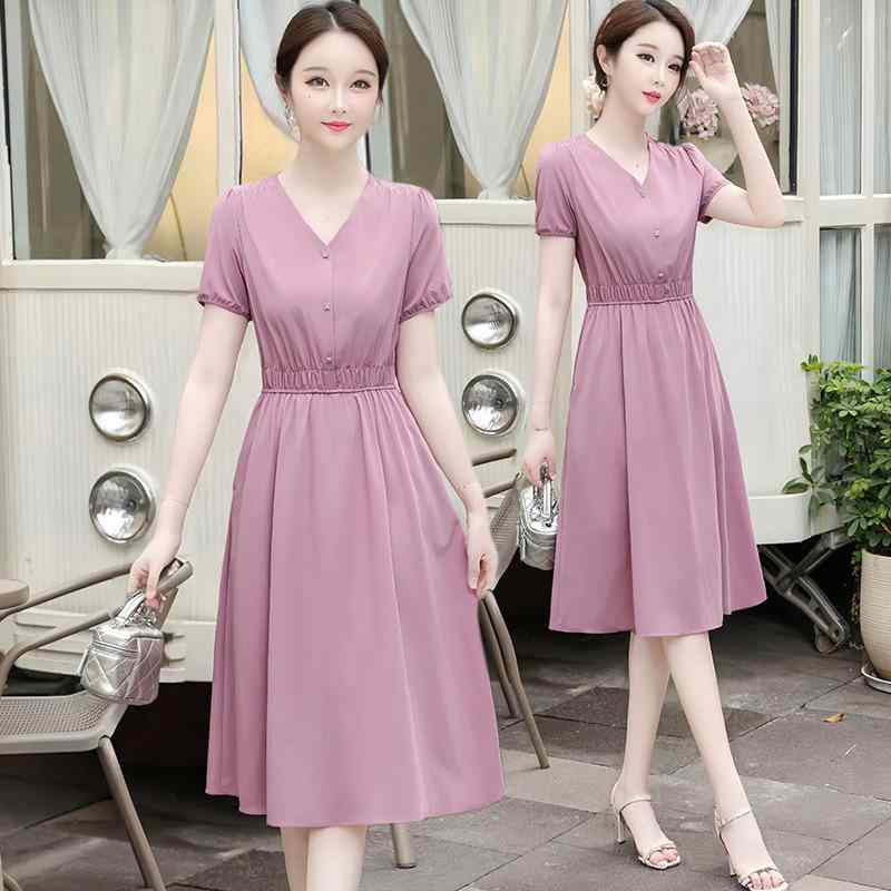 ワンピース レディース 半袖 Vネック ロング丈 Aライン ウエストマーク 細見え スタイルアップ フレンチレトロ 上品 きれいめ オフィス 通勤 春夏(4)