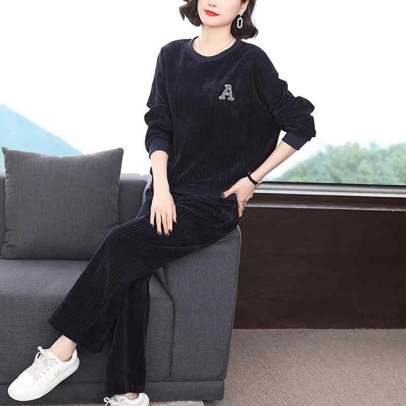 カジュアルセットアップ レディース ミセス シェニールベルベット 長袖 ゆったり リラックス 上下セット ロングパンツ ルームウェア 普段使い ワンマイルウェア 秋冬 ネイビー