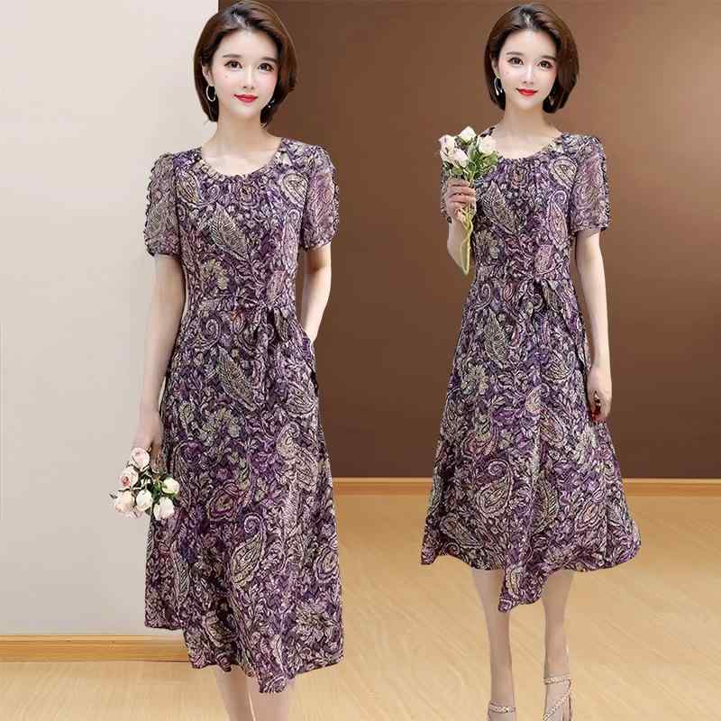 ワンピース レディース 大人女性 上品 エレガント きれいめ 小花柄 半袖 ミディ丈 膝下丈 Aライン ラウンドネック ポリエステル 通勤 オフィス お出かけ デイリー使い 切り替え 夏 パープル ブラック ピンク