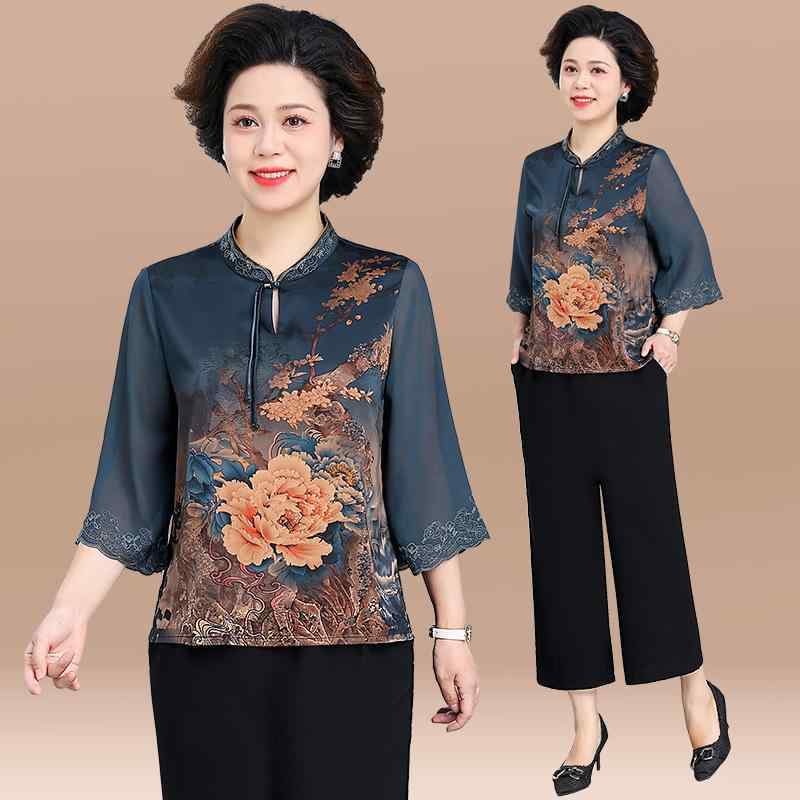 セットアップ レディース ミセス 中高年女性向け 大きいサイズ ポリエステル シルク調 プルオーバーブラウス ロング丈 ワイドパンツ ゆったり 体型カバー ポケット付き 春夏 エレガント カジュアル デイリーユース ブルー レッド