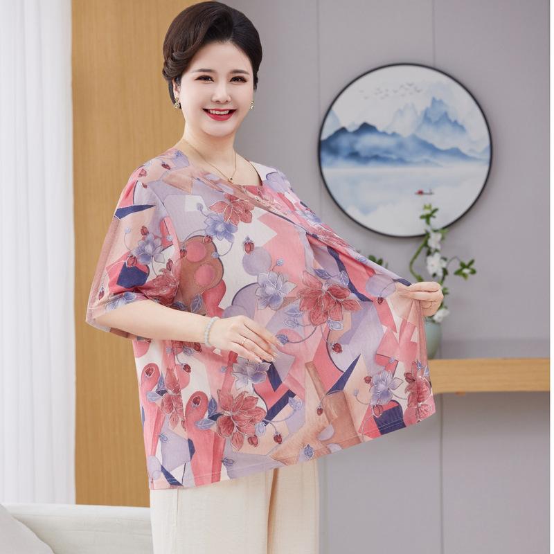 Tシャツ レディース ミセス 春夏 接触冷感 半袖 ゆったり 大きいサイズ セットアップ トップス おしゃれ 若見え 花柄 プリント バイカラー ポリエステル 伸縮性 クルーネック 普段使い 2点セット