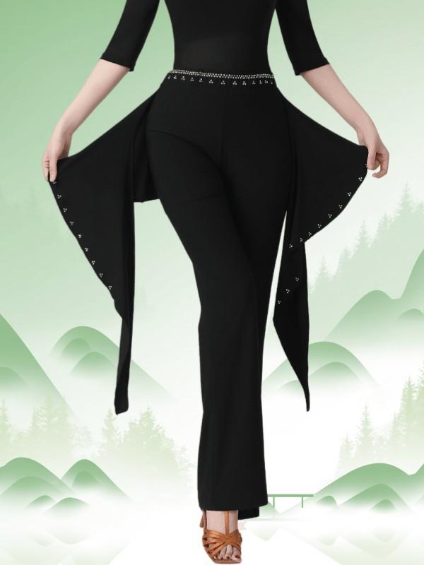 ダンスパンツ レディース ラインストーン装飾 キラキラ ミッドウエスト スリム ロングパンツ 広場ダンス ラテンダンス 社交ダンス 発表会 ステージ 練習着 ブラック ポリエステル ボトムス