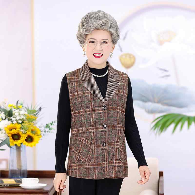 ベスト レディース ミセス 中高年 女性用 春秋 薄手 軽量 ポリエステル 格子柄 チェック ノースリーブジャケット ジレ 前開き アウター きれいめ エレガント(4)