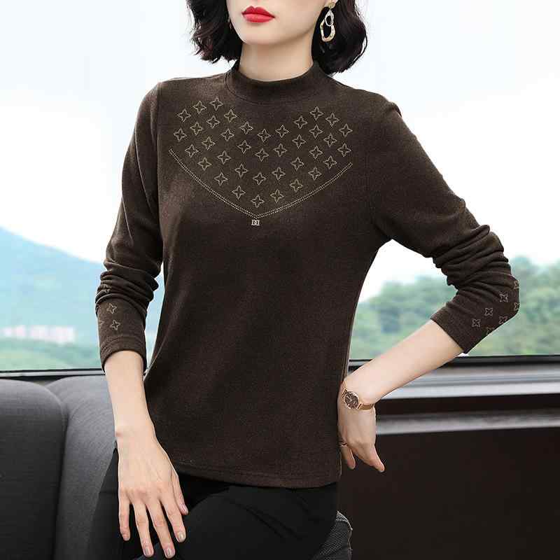 Tシャツ レディース 秋冬 ラインストーン モックネック 長袖 スリムフィット プルオーバー 無地 ポリエステル 伸縮性 通勤 オフィス カジュアル 普段使い きれいめ 上品