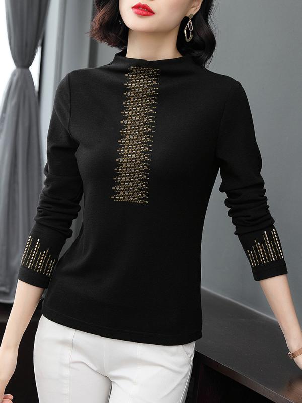 Tシャツ ママ向け ミセス 大きいサイズ 秋冬 プルオーバー 長袖 ハイネック スリムフィット 上品 きれいめ 着回し ベーシック オフィス 通勤 トップス カットソー ブラック 無地 ポリエステル 伸縮性 ストーン飾り
