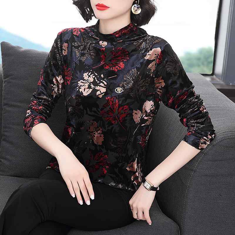 Tシャツ レディース ミセス 秋冬 長袖 ハイネック プリント柄 トップス カットソー ポリエステル混紡 通勤 オフィス 普段使い きれいめ ブラック