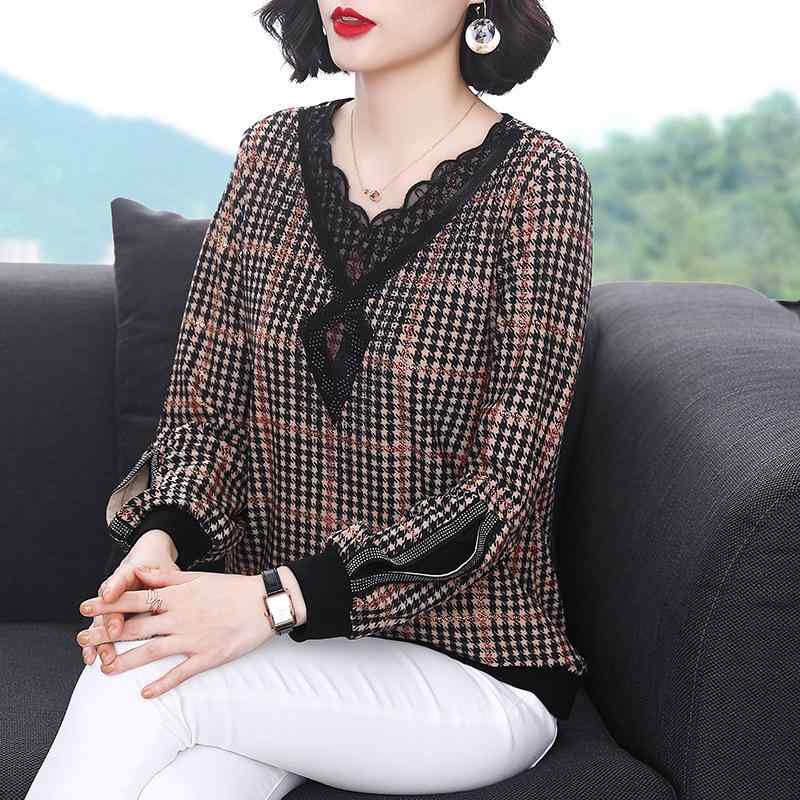 Tシャツ レディース ミセス 春夏 長袖 ゆったり レース チェック柄 切り替え 若見え 上品 おしゃれ Vネック プルオーバー 通勤 普段使い ポリエステル 伸縮性 カーキ インナー カットソー(4)