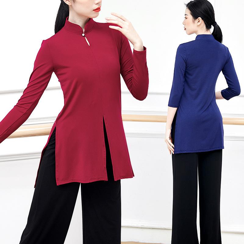 ダンスウェア レディース 太極拳 クラシック モダンダンス 練習着 チャイナ風 ハイネック スリット トップス 舞台衣装 モダール素材 伸縮性 吸湿性 ドレープ感 無地 七分袖 長袖 白 黒 ワインレッド 紺