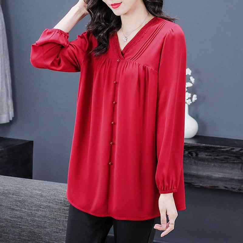 ブラウス レディース ミセス 女性用 大きいサイズ ゆったり ルーズフィット 春夏 Vネック シフォン プリーツ トップス 体型カバー 着痩せ ポリエステル 無地 赤 普段使い お出かけ 通勤