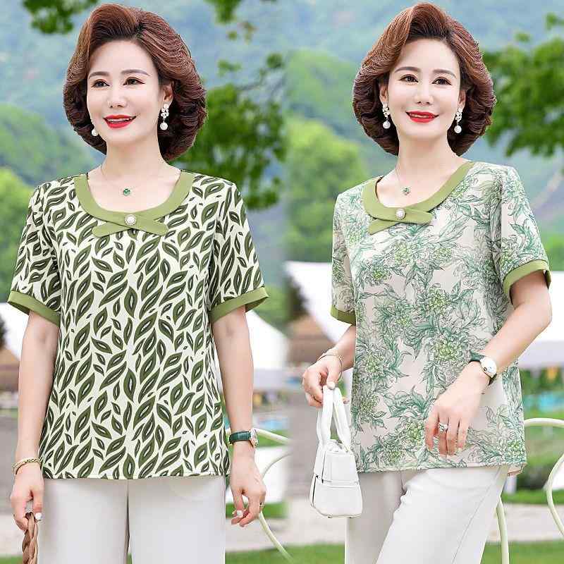 ブラウス ミセス ママ向け 夏 シフォン プルオーバー プリント 花柄 上品 エレガント 薄手 軽量 Vネック 半袖 五分袖 ポリエステル 普段使い カジュアル きれいめ