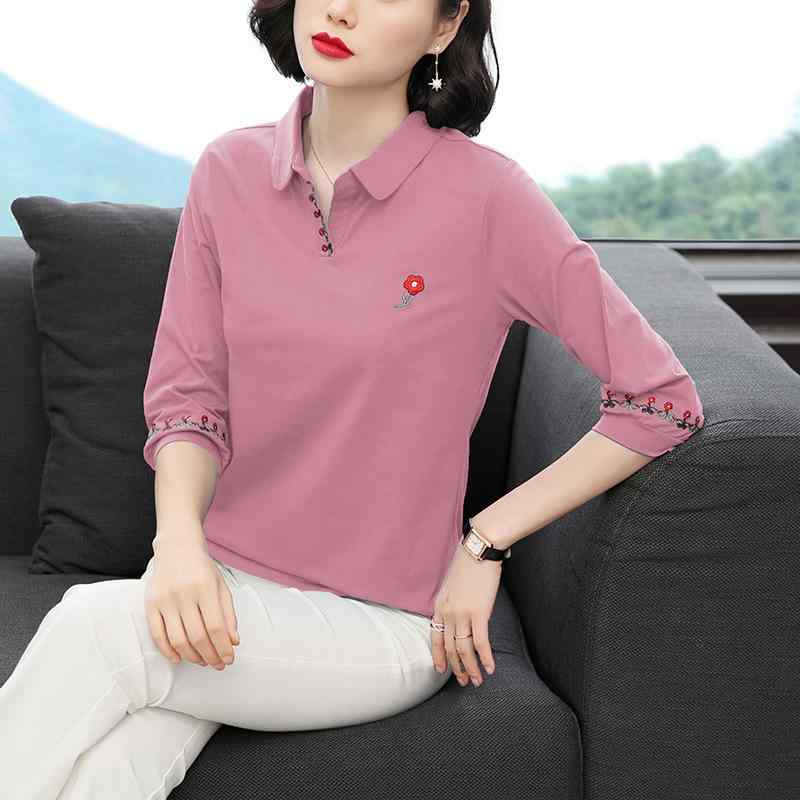 Tシャツ トップス レディース 女性用 ポロ襟 七分袖 ゆったり オーバーサイズ 体型カバー 韓国風 花柄 刺繍 エスニック 綿 コットン 春夏 カジュアル ピンク系 ブルー系 グレー