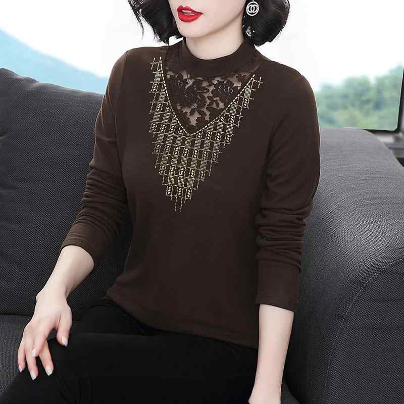 トップス ミセス ママ 韓国風 半ハイネック 長袖 レース 透かし編み スリムフィット 大きいサイズ ドット柄 ポリエステル スパンデックス ブラウン 秋冬 通勤 普段使い 上品 エレガント(4)