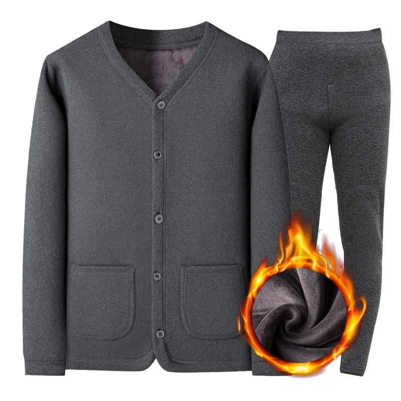 保温インナー メンズ 男性用 シニア 高齢者 裏起毛 厚手 あったか 前開き Vネック 長袖シャツ 長ズボン 上下組 肌着 ポリエステル 秋冬 グレー 無地