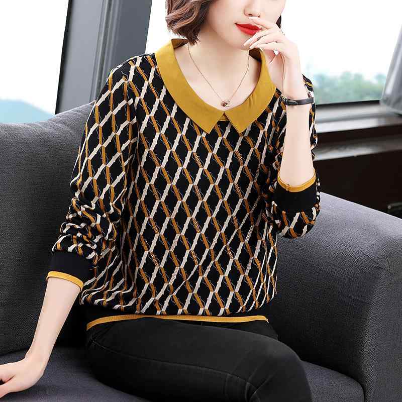 Tシャツ レディース 春夏 付け襟 長袖 ゆったり トップス ママ ミセス エイジレス 上品 きれいめ 配色切り替え 幾何学模様 通勤 オフィス カジュアル ポリエステル プルオーバー イエロー