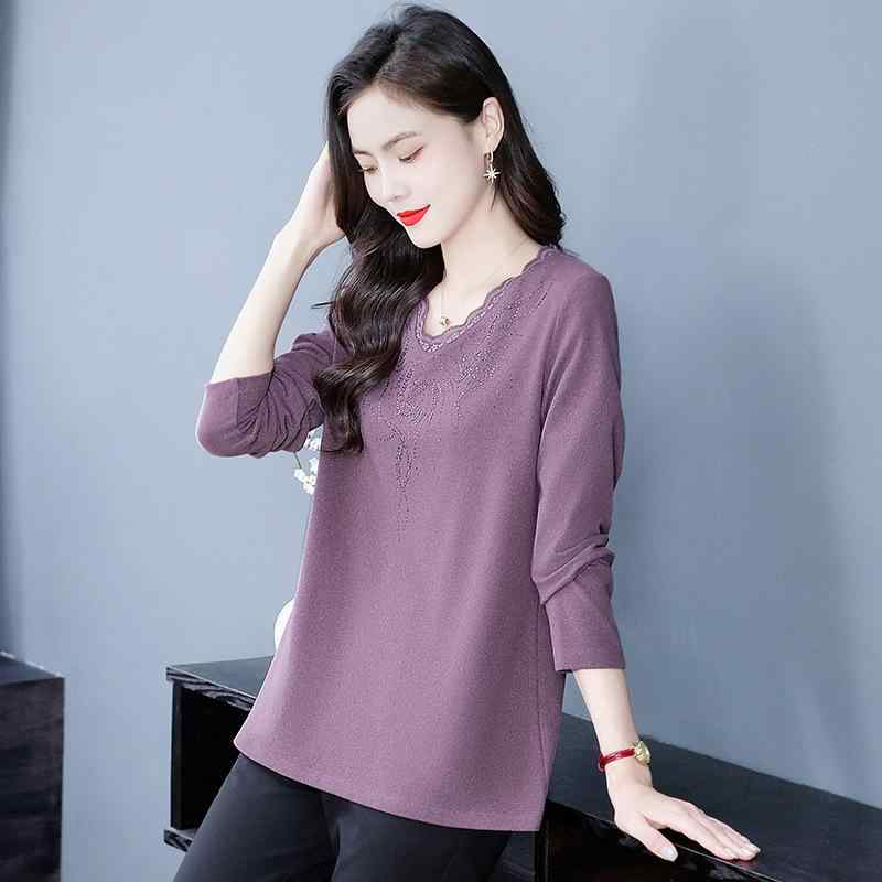 トップス レディース ミセス 春夏 レース ラインストーン装飾 ニットカットソー 長袖 ゆったり オーバーサイズ 体型カバー 綿混素材 普段使い カジュアル ブラック パープル