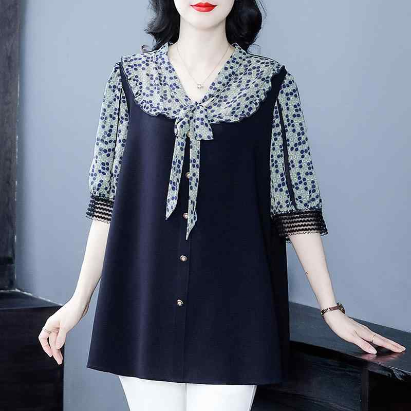 ブラウス レディース 春夏 女性用 大きいサイズ ゆったり 体型カバー シフォン レース Vネック パフスリーブ プルオーバー ドット柄 プリーツ加工 ポリエステル 七分袖 カジュアル おしゃれ(4)