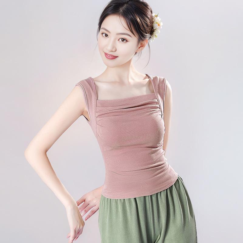 ダンスウェア レディース トップス ノースリーブ タンクトップ スクエアネック スリムフィット ワイドストラップ リブ素材 レーヨン 伸縮性 フィットネス ヨガ モダンバレエ 中国舞踊 クラシックダンス 練習着