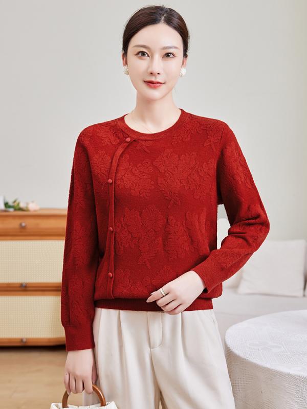 ニット レディース 中国風 エスニック レトロ 上品 薄手 長袖 トップス カットソー インナー 春秋 ミセス ママ ラウンドネック 立体デザイン 切り替え ポリエステル アクリル