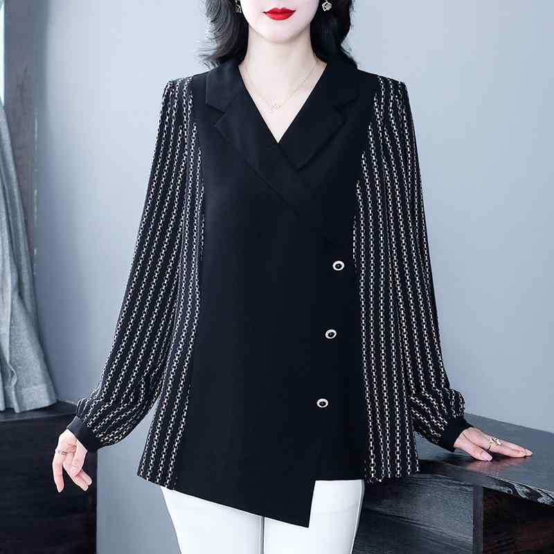 ・カラー展開: ブラック・サイズ展開: L, XL, 2XL, 3XL, 4XL, 5XL, 6XL・素材: シフォン (ポリエステル 70%～80%)・スタイル: カジュアル・テイスト: ガーリー・柄: ストライプ・ネックライン: ピーターパンカラー・着丈: 普通丈 (約50～65cm)・加工: イージーケア