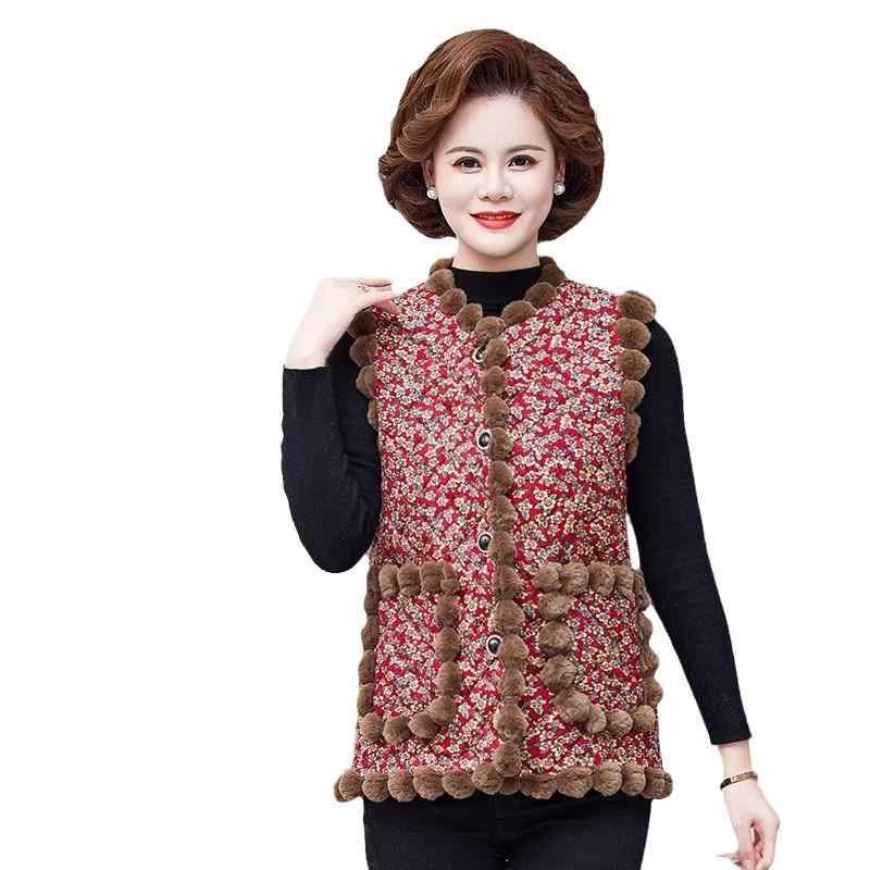 ベスト ジレ レディース ミセス 中高年 ママ向け 秋冬 裏起毛 厚手 暖かい 防寒 Vネック 前開き ボタン 小花柄 花柄 エレガント 上品 おしゃれ 通勤 ビジネス オフィス レッド グリーン ポリエステル ポケット付き