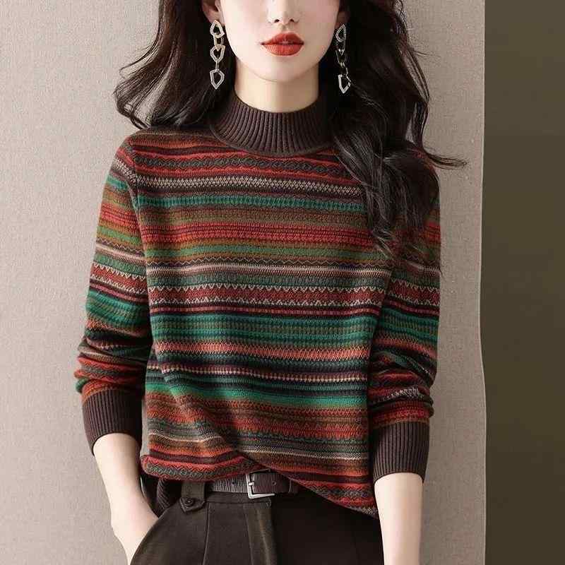 ニット レディース 秋冬 マルチカラーストライプ ゆったり プルオーバー ポリエステル 中厚手 クルーネック 長袖 トップス 通勤 オフィス カジュアル きれいめ
