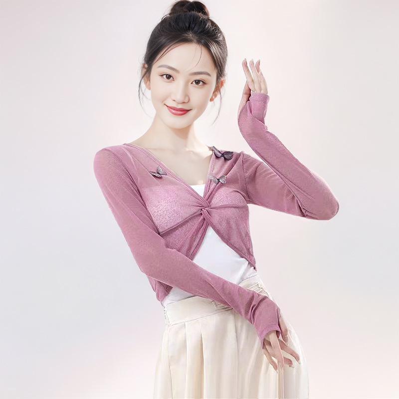 ダンスウェア レディース 大人用 長袖 フレアスリーブ シアー メッシュ 透け感 トップス 練習着 レッスンウェア ポリエステル 舞踊 モダンバレエ ヨガ フィットネス 体操