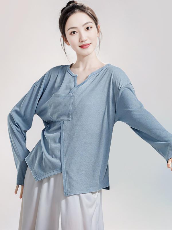 ダンスウェア レディース 女性用 Tシャツ トップス モダンダンス レッスン着 練習着 フィットネス スポーツ アシンメトリー ゆったり ルーズ ポケット 長袖 しなやか ポリエステル