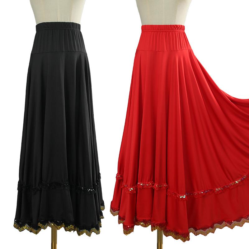 ダンススカート レディース 広場ダンス 社交ダンス 民族舞踊 発表会 ステージ衣装 練習着 踊り ハイウエスト フレア ミモレ丈 ロング丈 民族風 エスニック 再生繊維 ポリエステル
