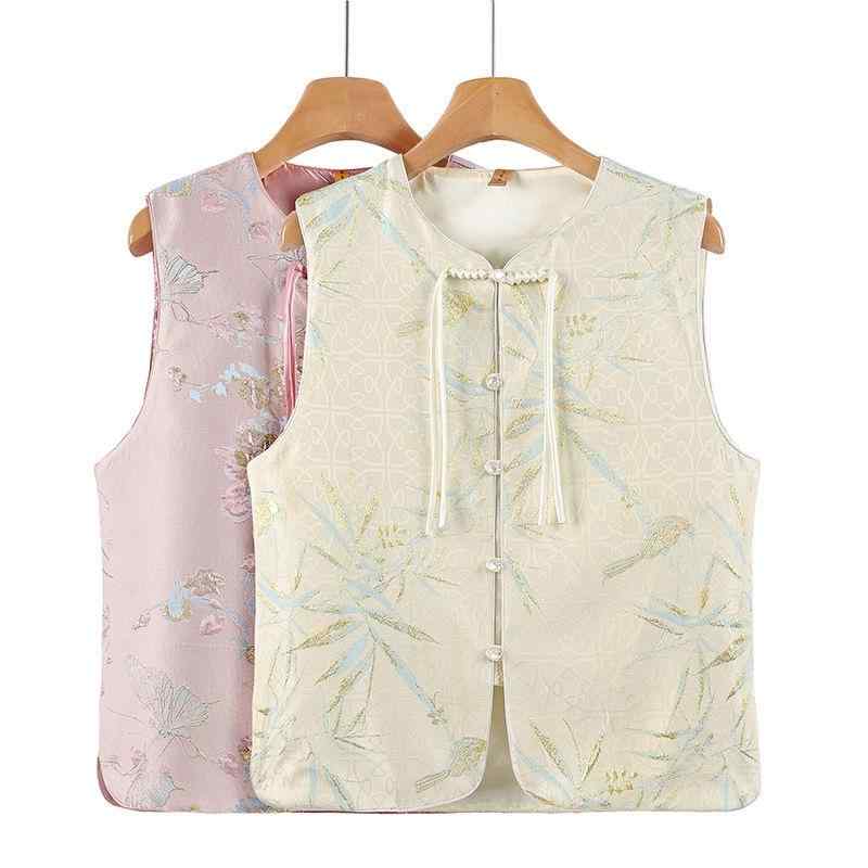 ベスト レディース チャイナ風 ジレ ラウンドネック 花柄 ジャガード織り レトロ エスニック 飾りボタン ノースリーブ ゆったり ポリエステル トップス