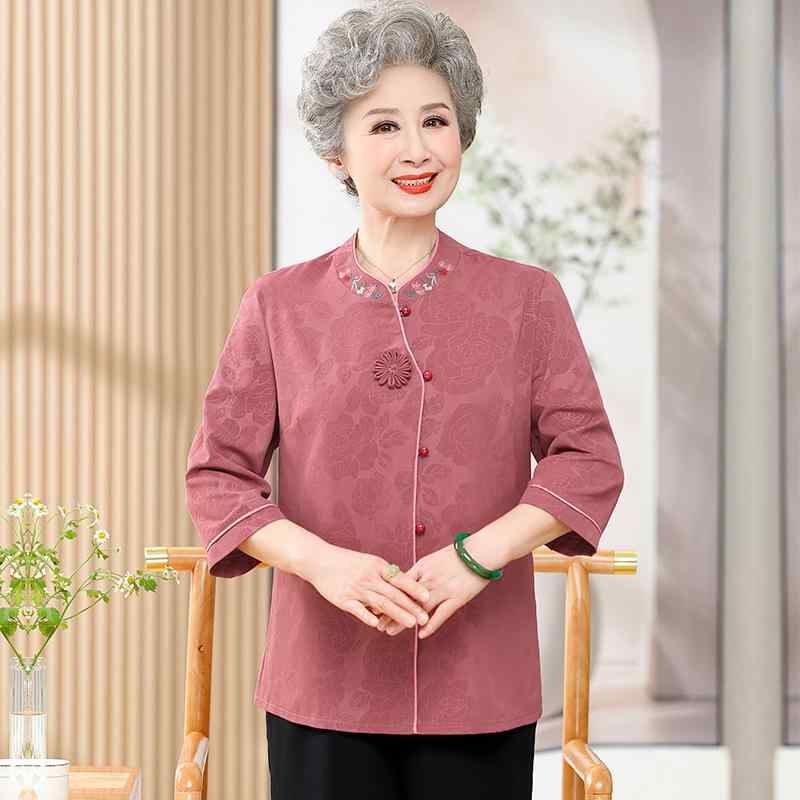 トップス レディース 婦人 七分袖 春夏 薄手 軽量 チャイナ風 シャツ ブラウス ミセス シニア 中高年 上品 エレガント ポリエステル 通勤 オフィス ピンク系 グリーン系