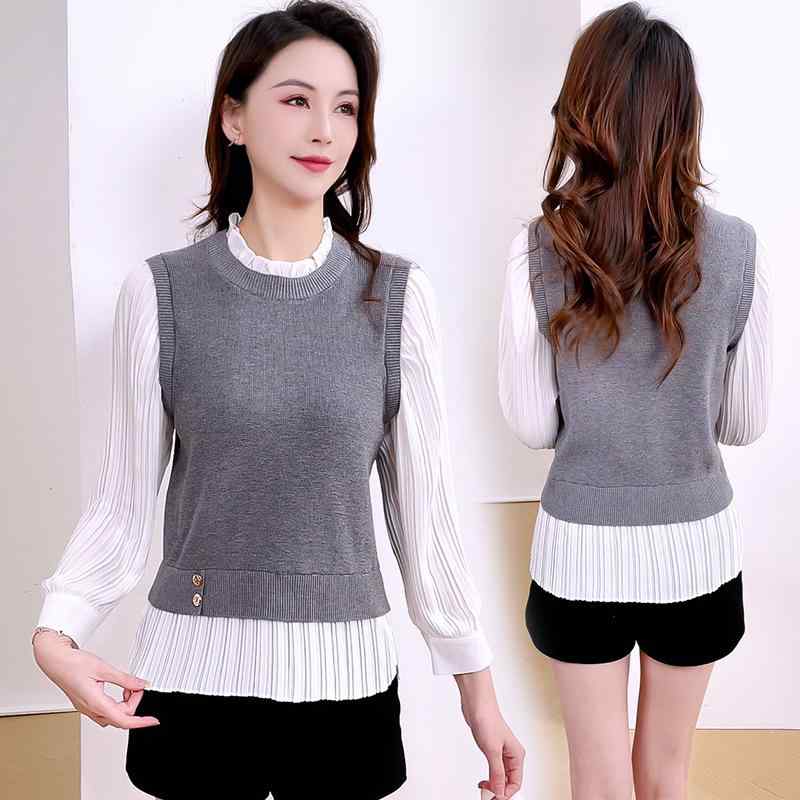 ニットトップス レディース フェイクレイヤード 重ね着風 切り替え 長袖 ショート丈 クルーネック スリムフィット 韓国風 エレガント 上品 通勤 オフィス カジュアル 春夏 ポリエステル グレー ブラック
