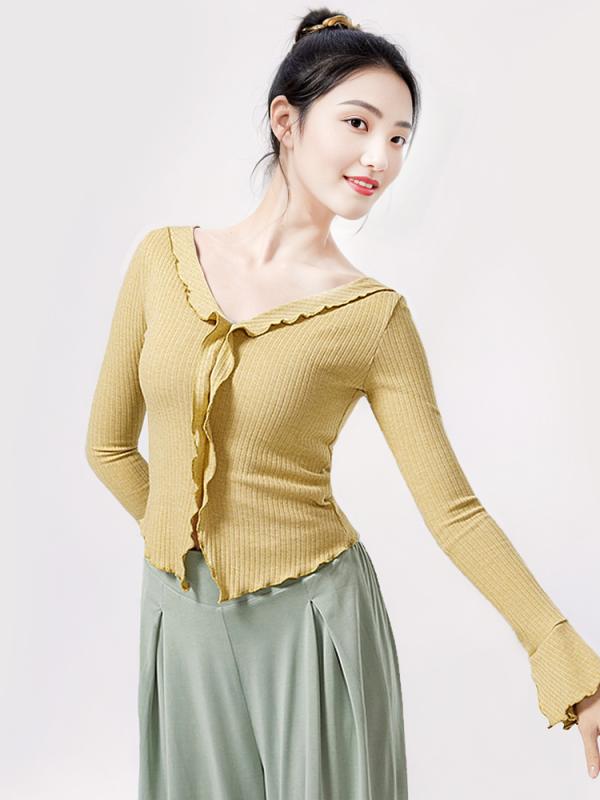 ダンスウェア レディース クラシックダンス 中国舞踊 練習 レッスン トレーニング ボディライン フィットネス スリムフィット トップス フリル フレアスリーブ 再生繊維 通年